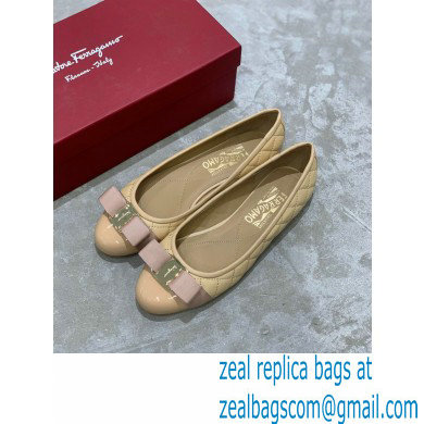 Ferragamo Heel 1cm Vara Bow Varina Ballet Flats Quilted Leather Beige - Click Image to Close