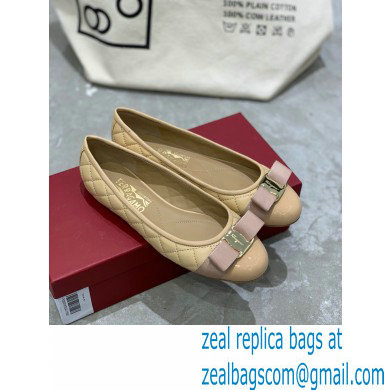 Ferragamo Heel 1cm Vara Bow Varina Ballet Flats Quilted Leather Beige - Click Image to Close