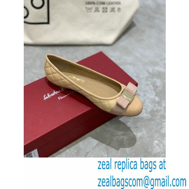 Ferragamo Heel 1cm Vara Bow Varina Ballet Flats Quilted Leather Beige - Click Image to Close