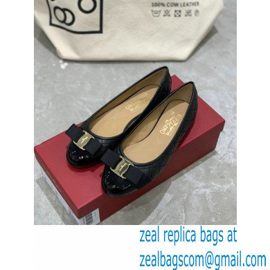 Ferragamo Heel 1cm Vara Bow Varina Ballet Flats Quilted Leather Black