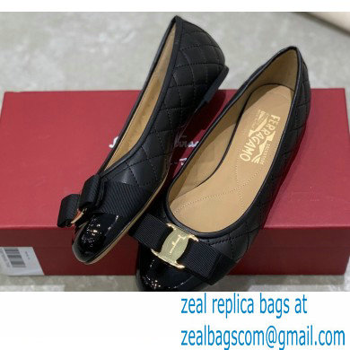 Ferragamo Heel 1cm Vara Bow Varina Ballet Flats Quilted Leather Black - Click Image to Close