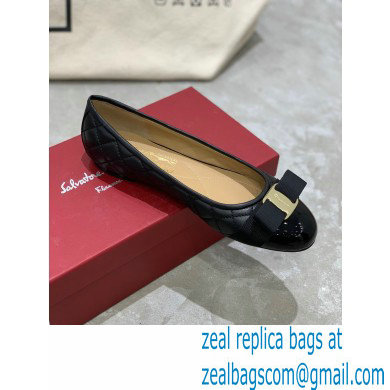 Ferragamo Heel 1cm Vara Bow Varina Ballet Flats Quilted Leather Black