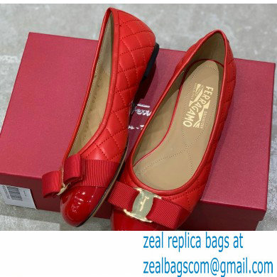 Ferragamo Heel 1cm Vara Bow Varina Ballet Flats Quilted Leather Red - Click Image to Close