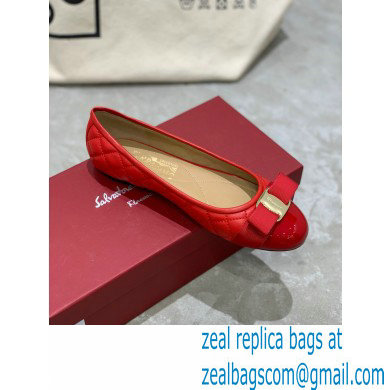 Ferragamo Heel 1cm Vara Bow Varina Ballet Flats Quilted Leather Red - Click Image to Close