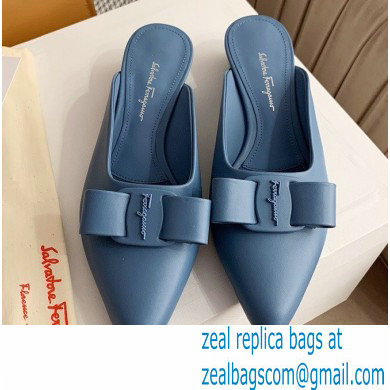 Ferragamo Heel 2cm Viva Bow Mules Blue - Click Image to Close