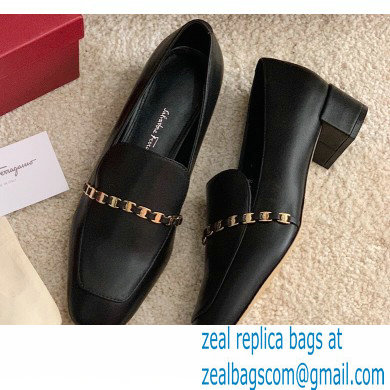 Ferragamo Heel 3cm Tilos Chain Leather Loafers/Pumps Black - Click Image to Close