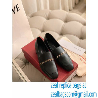 Ferragamo Heel 3cm Tilos Chain Leather Loafers/Pumps Black