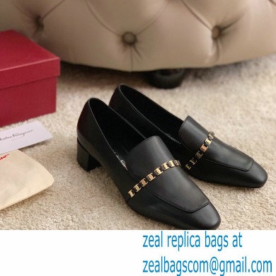 Ferragamo Heel 3cm Tilos Chain Leather Loafers/Pumps Black