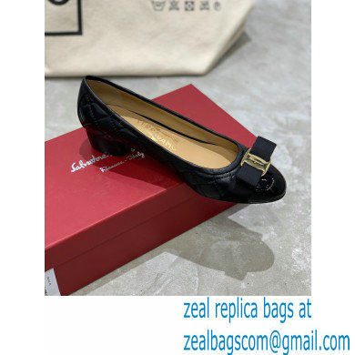 Ferragamo Heel 3cm Vara Bow Pumps Quilted Leather Black