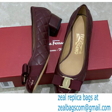 Ferragamo Heel 3cm Vara Bow Pumps Quilted Leather Burgundy - Click Image to Close