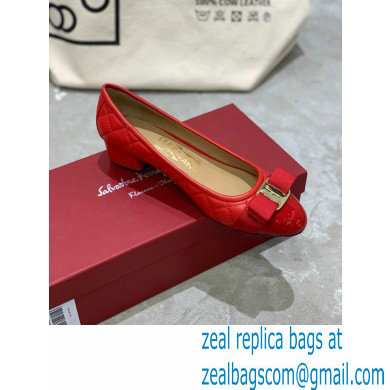 Ferragamo Heel 3cm Vara Bow Pumps Quilted Leather Red