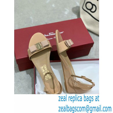 Ferragamo Heel 4.5cm Vara Bow Sandals with Strap Patent Leather Nude