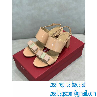 Ferragamo Heel 5.5cm Vara Bow Sandals Patent Leather Nude - Click Image to Close