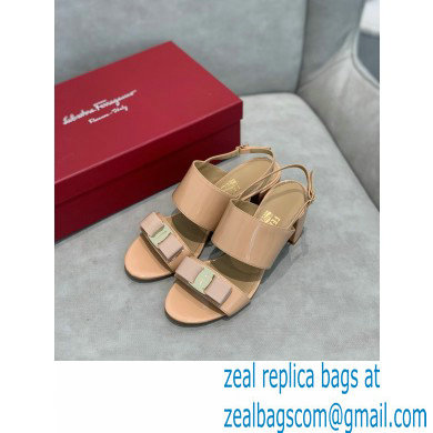 Ferragamo Heel 5.5cm Vara Bow Sandals Patent Leather Nude