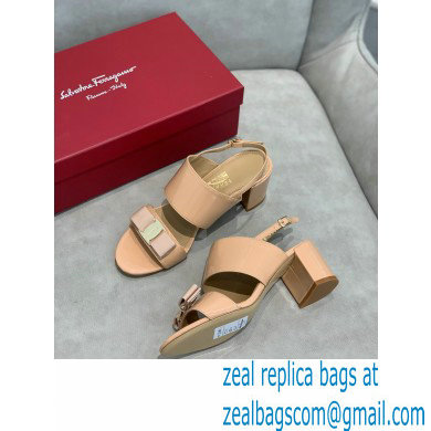 Ferragamo Heel 5.5cm Vara Bow Sandals Patent Leather Nude