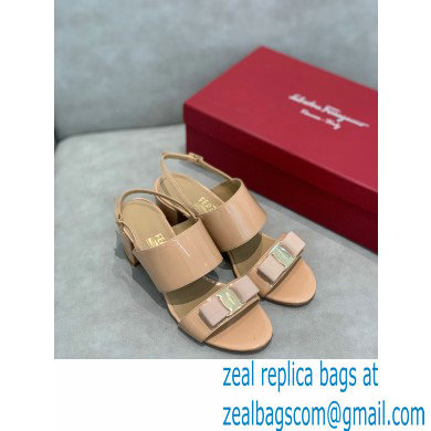 Ferragamo Heel 5.5cm Vara Bow Sandals Patent Leather Nude