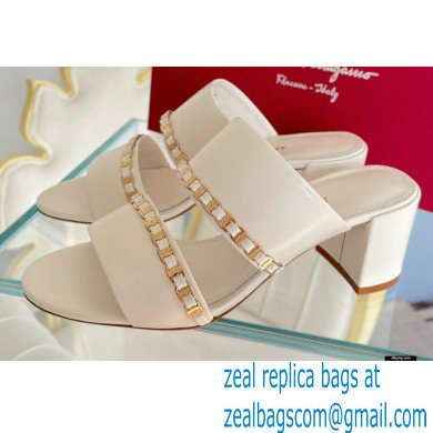 Ferragamo Heel 5.5cm Vara Chain Sandals Mules White