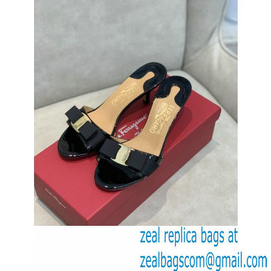 Ferragamo Heel 6cm Vara Bow Mules Patent Leather Black