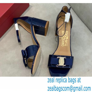 Ferragamo Heel 6cm Vara Bow Sandals with Strap Patent Leather Blue