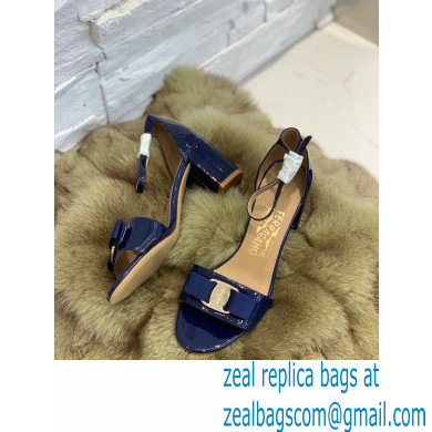 Ferragamo Heel 6cm Vara Bow Sandals with Strap Patent Leather Blue