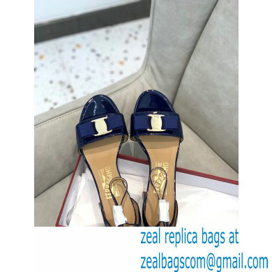 Ferragamo Heel 6cm Vara Bow Sandals with Strap Patent Leather Blue - Click Image to Close