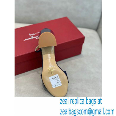 Ferragamo Heel 6cm Vara Bow Sandals with Strap Patent Leather Blue