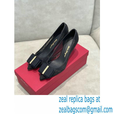 Ferragamo Heel 7cm Bow Pumps Dotted Swiss Black