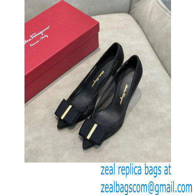 Ferragamo Heel 7cm Bow Pumps Dotted Swiss Black