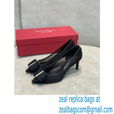 Ferragamo Heel 7cm Bow Pumps Dotted Swiss Black