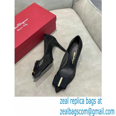 Ferragamo Heel 7cm Bow Pumps Dotted Swiss Black