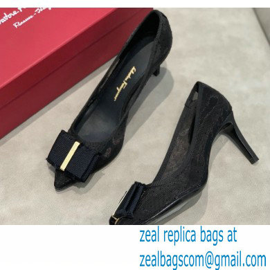 Ferragamo Heel 7cm Bow Pumps Dotted Swiss Black