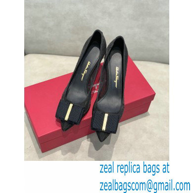 Ferragamo Heel 7cm Bow Pumps Dotted Swiss Black - Click Image to Close