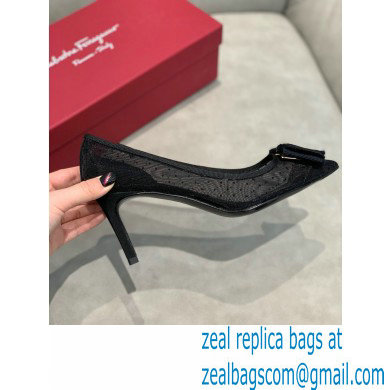 Ferragamo Heel 7cm Bow Pumps Dotted Swiss Black