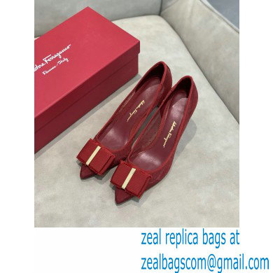 Ferragamo Heel 7cm Bow Pumps Dotted Swiss Red