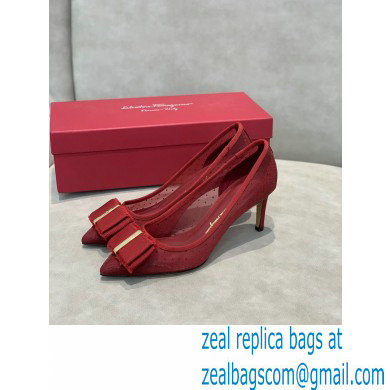 Ferragamo Heel 7cm Bow Pumps Dotted Swiss Red