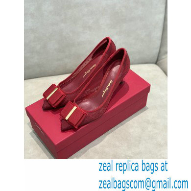 Ferragamo Heel 7cm Bow Pumps Dotted Swiss Red - Click Image to Close