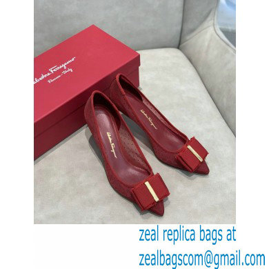 Ferragamo Heel 7cm Bow Pumps Dotted Swiss Red - Click Image to Close