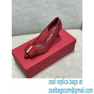 Ferragamo Heel 7cm Bow Pumps Dotted Swiss Red - Click Image to Close