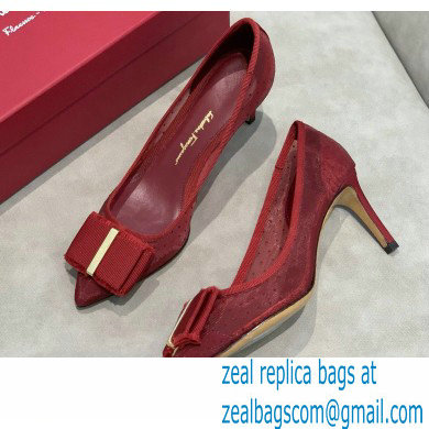 Ferragamo Heel 7cm Bow Pumps Dotted Swiss Red - Click Image to Close