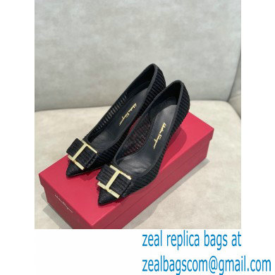 Ferragamo Heel 7cm Bow Pumps Striped Black