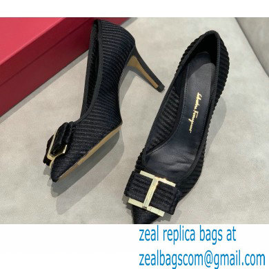 Ferragamo Heel 7cm Bow Pumps Striped Black - Click Image to Close