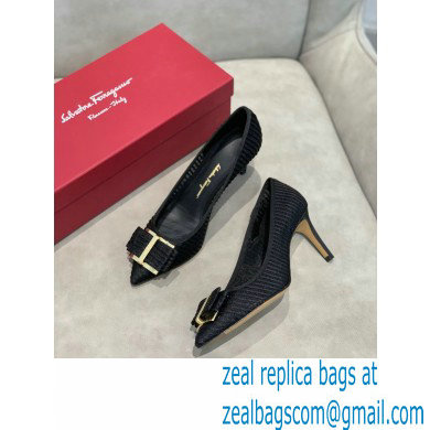 Ferragamo Heel 7cm Bow Pumps Striped Black