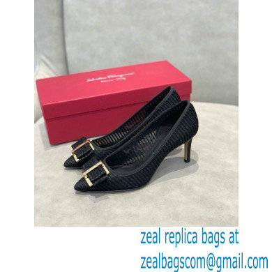 Ferragamo Heel 7cm Bow Pumps Striped Black