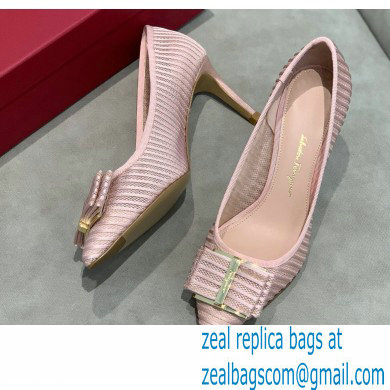 Ferragamo Heel 7cm Bow Pumps Striped Pink - Click Image to Close