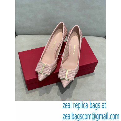 Ferragamo Heel 7cm Bow Pumps Striped Pink