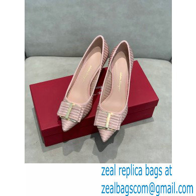 Ferragamo Heel 7cm Bow Pumps Striped Pink - Click Image to Close