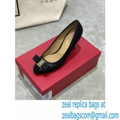 Ferragamo Heel 7cm Vara Bow Pumps Quilted Leather Black