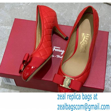 Ferragamo Heel 7cm Vara Bow Pumps Quilted Leather Red