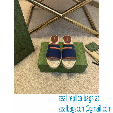 Gucci Interlocking G and Web Embroidered Canvas Espadrilles Slides Dark Blue 2021 - Click Image to Close