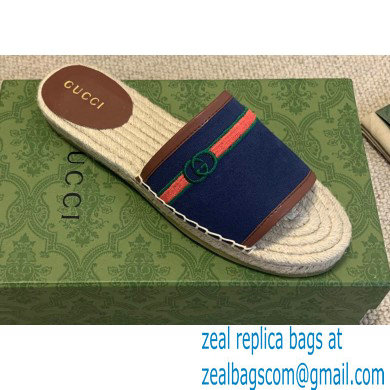 Gucci Interlocking G and Web Embroidered Canvas Espadrilles Slides Dark Blue 2021 - Click Image to Close